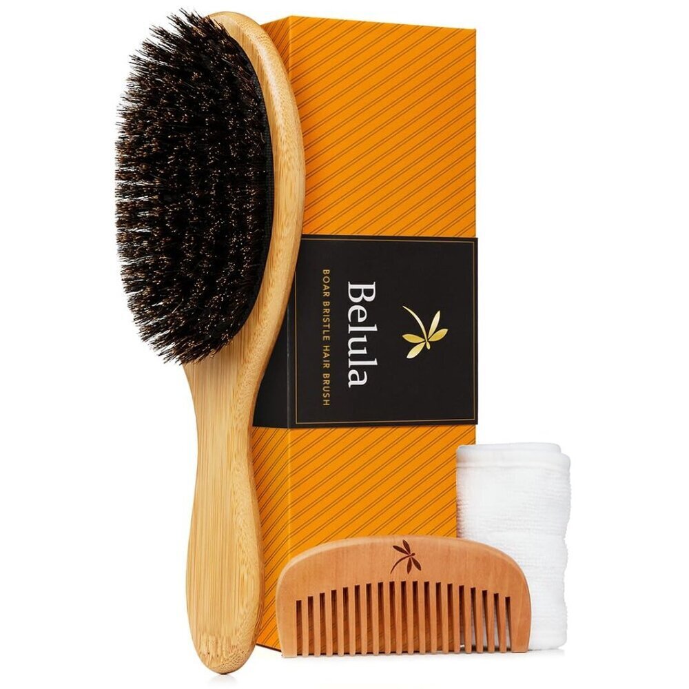 Boar Bristle Hair Brush Set for Fine Hair Wooden Comb Spa Headband Travel Bag